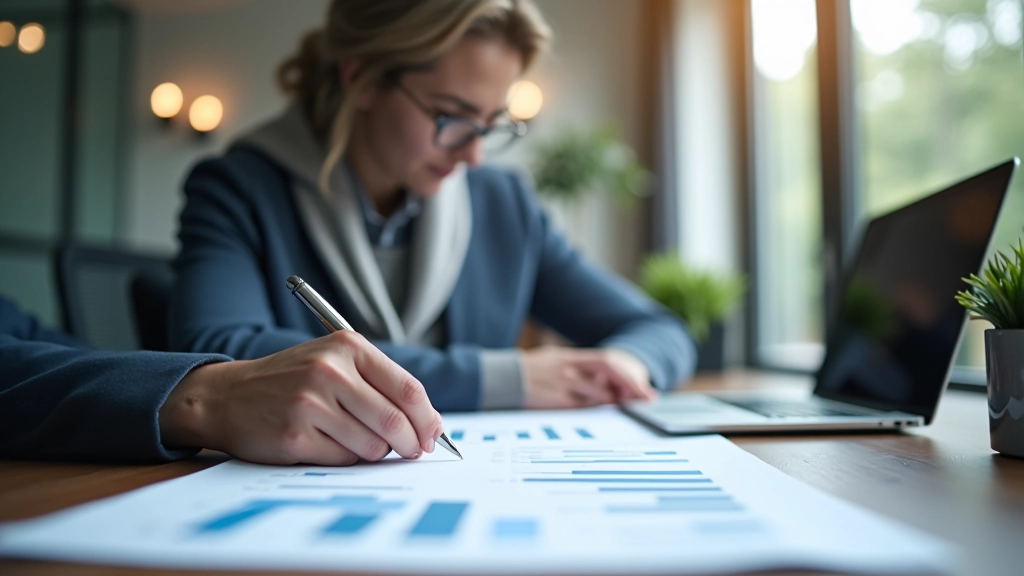 Finanzberater arbeitet mit Diagrammen und Dokumenten an einem modernen Schreibtisch