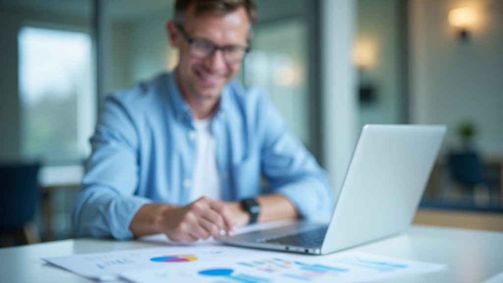 Finanzplaner mit Laptop analysiert Vermögensportfolio auf modernem Schreibtisch