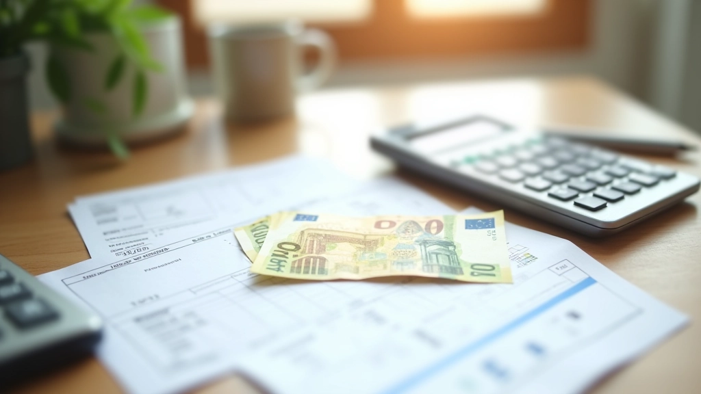 Geldscheine und Steuererklärung auf Schreibtisch mit Taschenrechner und Stift
