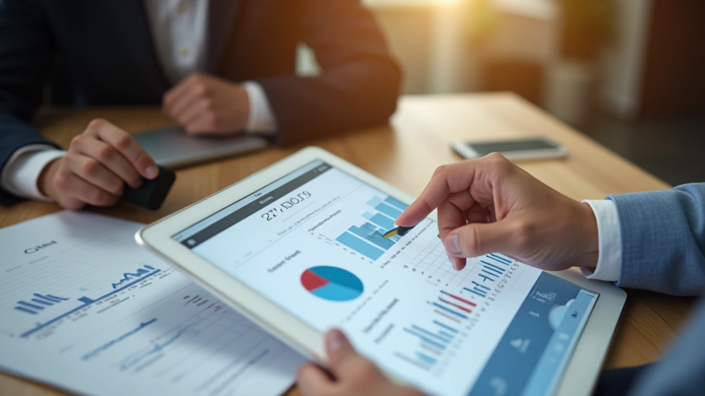 Moderne Investitionsportfolio-Analyse mit Tablet und Finanzberichten auf Schreibtisch