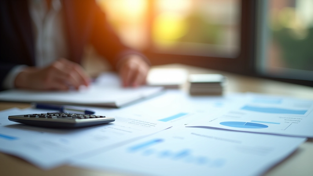 Pensionsplan-Dokumente und Rentensimulation auf einem Arbeitsplatz mit Taschenrechner
