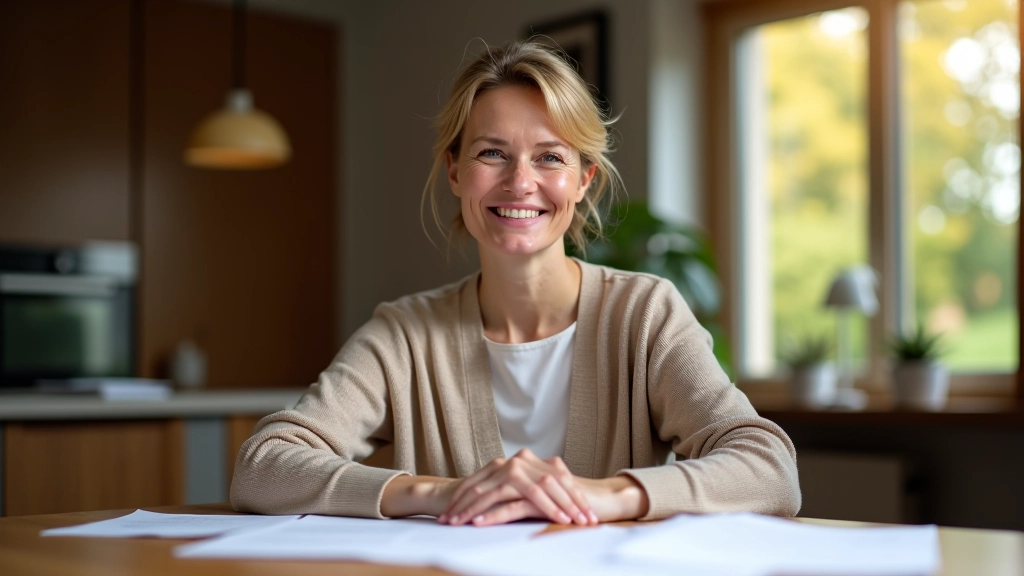 Frau mittleren Alters studiert Vermögensplanungsdokumente und Rentenchecks am Esstisch